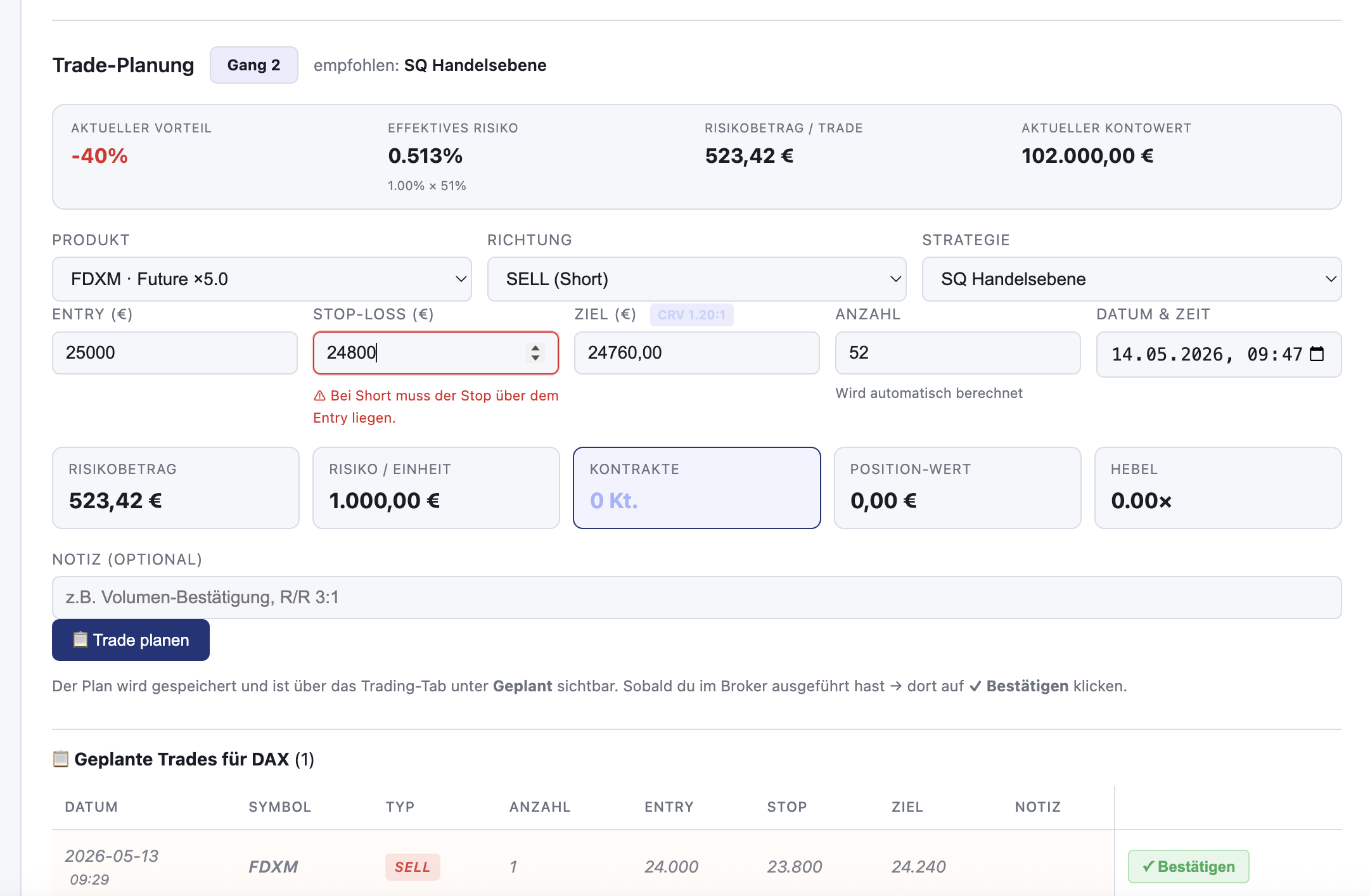 Tradeplanung mit Live-Risk-Manager